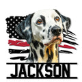 Custom Dalmatian dog metal sign featuring a realistic spotted portrait and patriotic black, white, and red accents