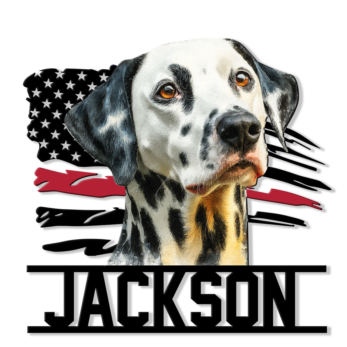 Custom Dalmatian dog metal sign featuring a realistic spotted portrait and patriotic black, white, and red accents