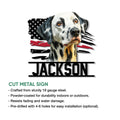Dalmatian dog cut metal sign shown with patriotic brushstroke accents in a product feature graphic