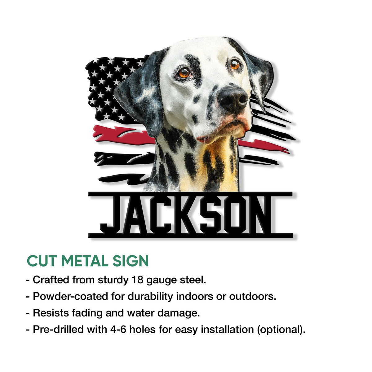 Dalmatian dog cut metal sign shown with patriotic brushstroke accents in a product feature graphic