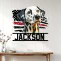 Dalmatian dog metal wall sign displayed on a bright home interior wall above a console table