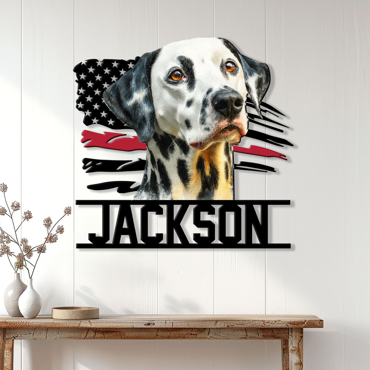 Dalmatian dog metal wall sign displayed on a bright home interior wall above a console table