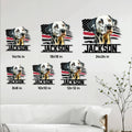Dalmatian dog metal sign size guide showing 8x8, 10x10, 12x12, 14x14, 18x18, and 24x24 inch options