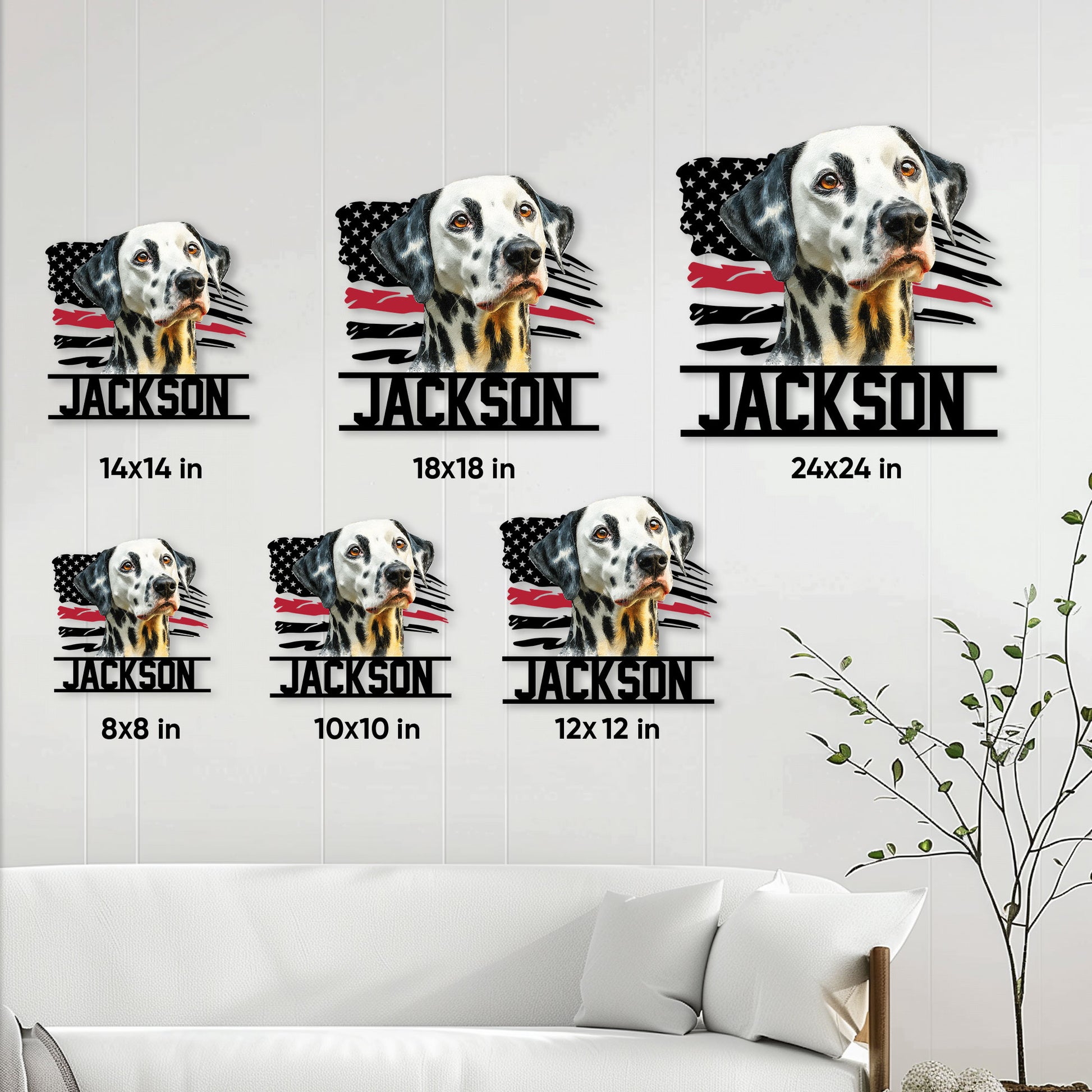 Dalmatian dog metal sign size guide showing 8x8, 10x10, 12x12, 14x14, 18x18, and 24x24 inch options