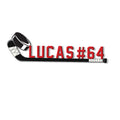 Custom hockey stick metal sign with bold player lettering and a black, white, and red hockey design