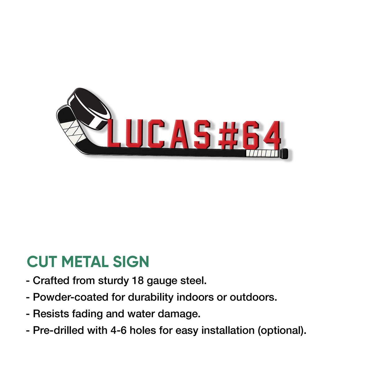 Hockey stick wall sign displayed as cut metal decor with bold contrasting lettering and sporty styling
