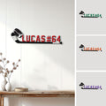 Hockey stick metal wall sign shown in a home decor setting with multiple color examples