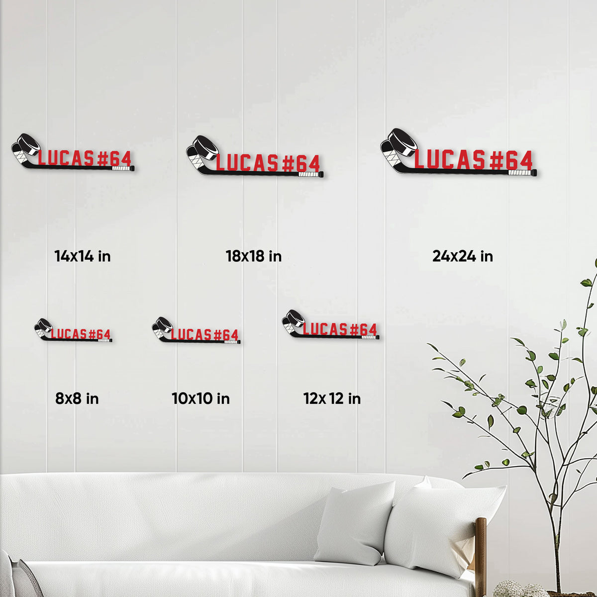 Hockey stick metal sign size guide showing available dimensions from 8 by 8 to 24 by 24 inches