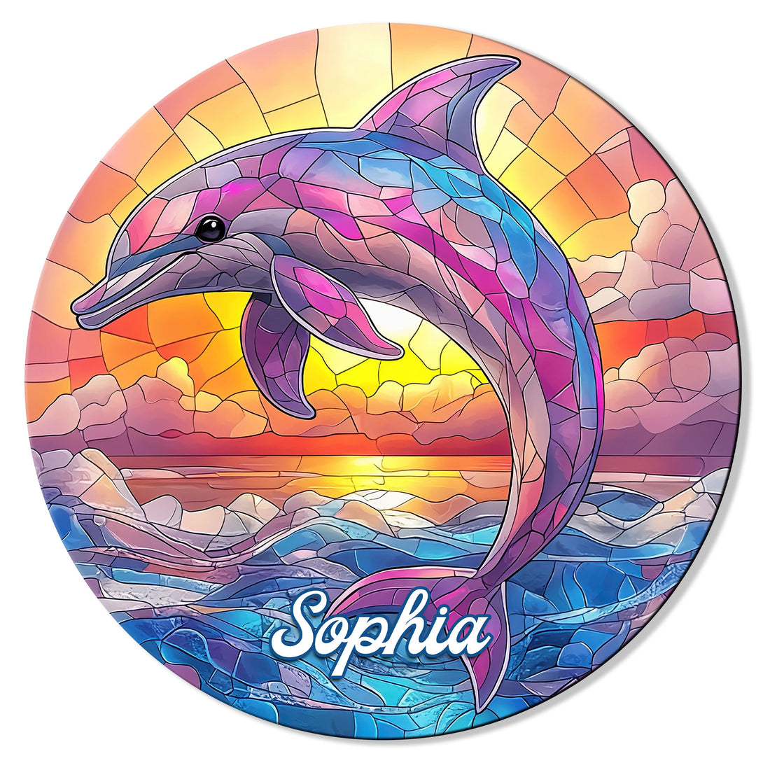 Colorful stained-glass style dolphin leaping over ocean waves at sunset on a round metal sign
