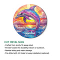 Dolphin metal sign feature graphic showing the round ocean sunset artwork and cut metal sign design