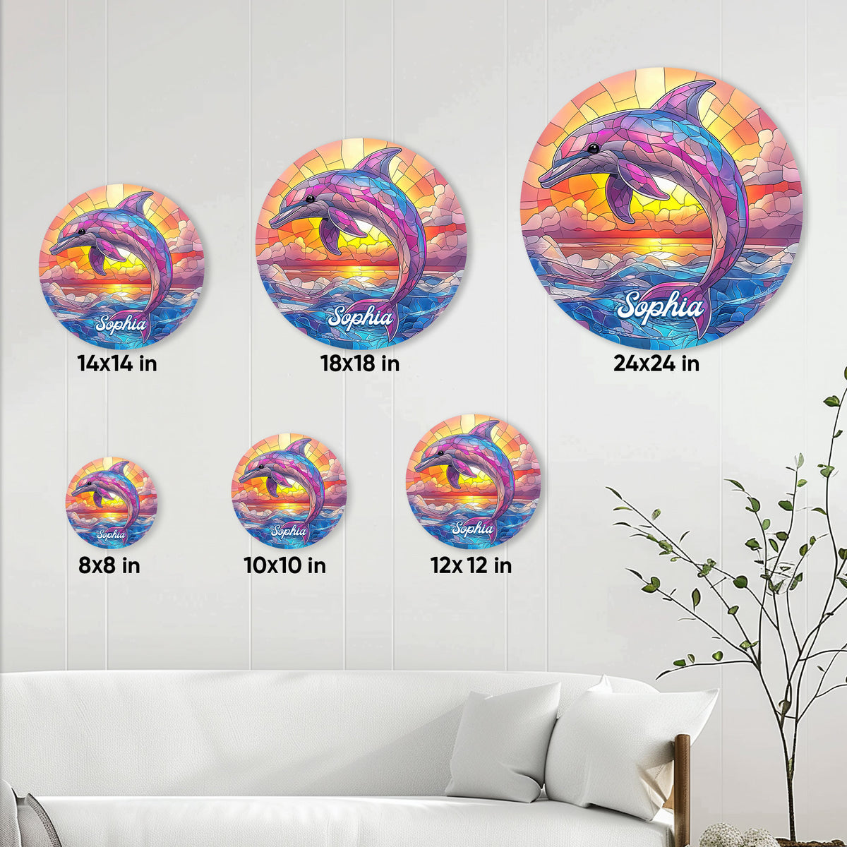 Dolphin metal wall sign size guide displaying round options from 8 by 8 to 24 by 24 inches