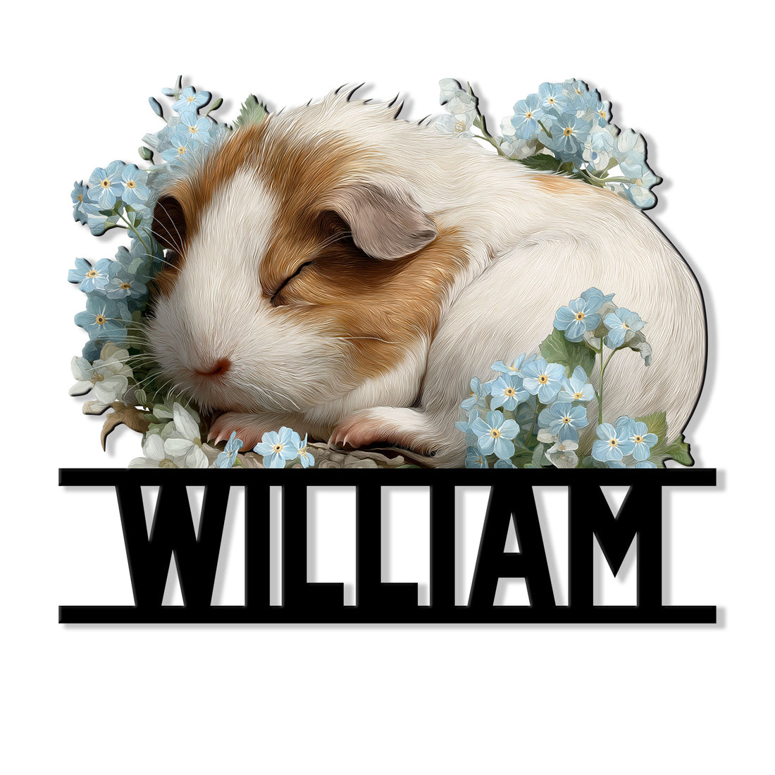Floral guinea pig metal sign featuring a sleeping brown and white guinea pig surrounded by blue flowers