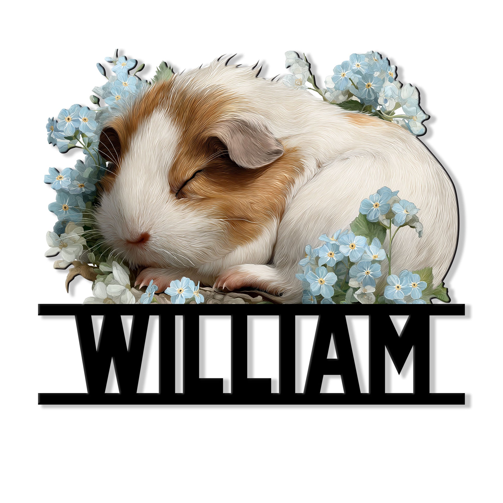 Floral guinea pig metal sign featuring a sleeping brown and white guinea pig surrounded by blue flowers