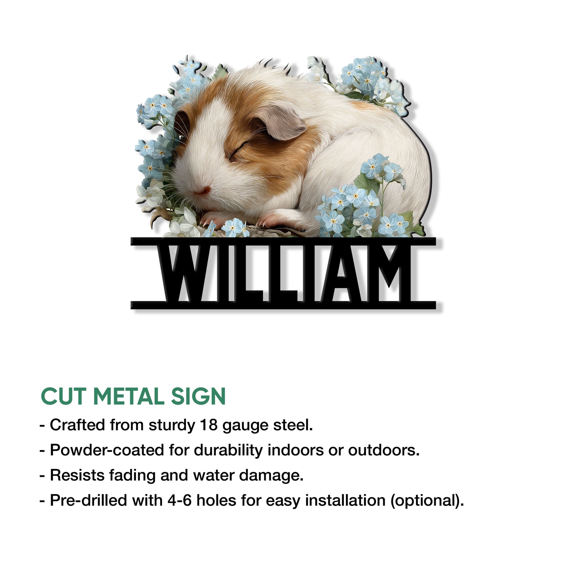 Guinea pig cut metal sign shown with a floral sleeping pet design and product feature information