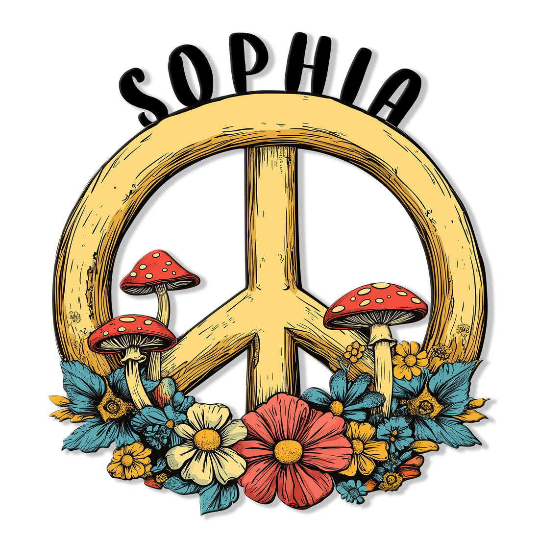 Hippie peace sign metal wall decor surrounded by colorful mushrooms and retro-style flowers