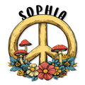 Hippie peace sign metal wall decor surrounded by colorful mushrooms and retro-style flowers