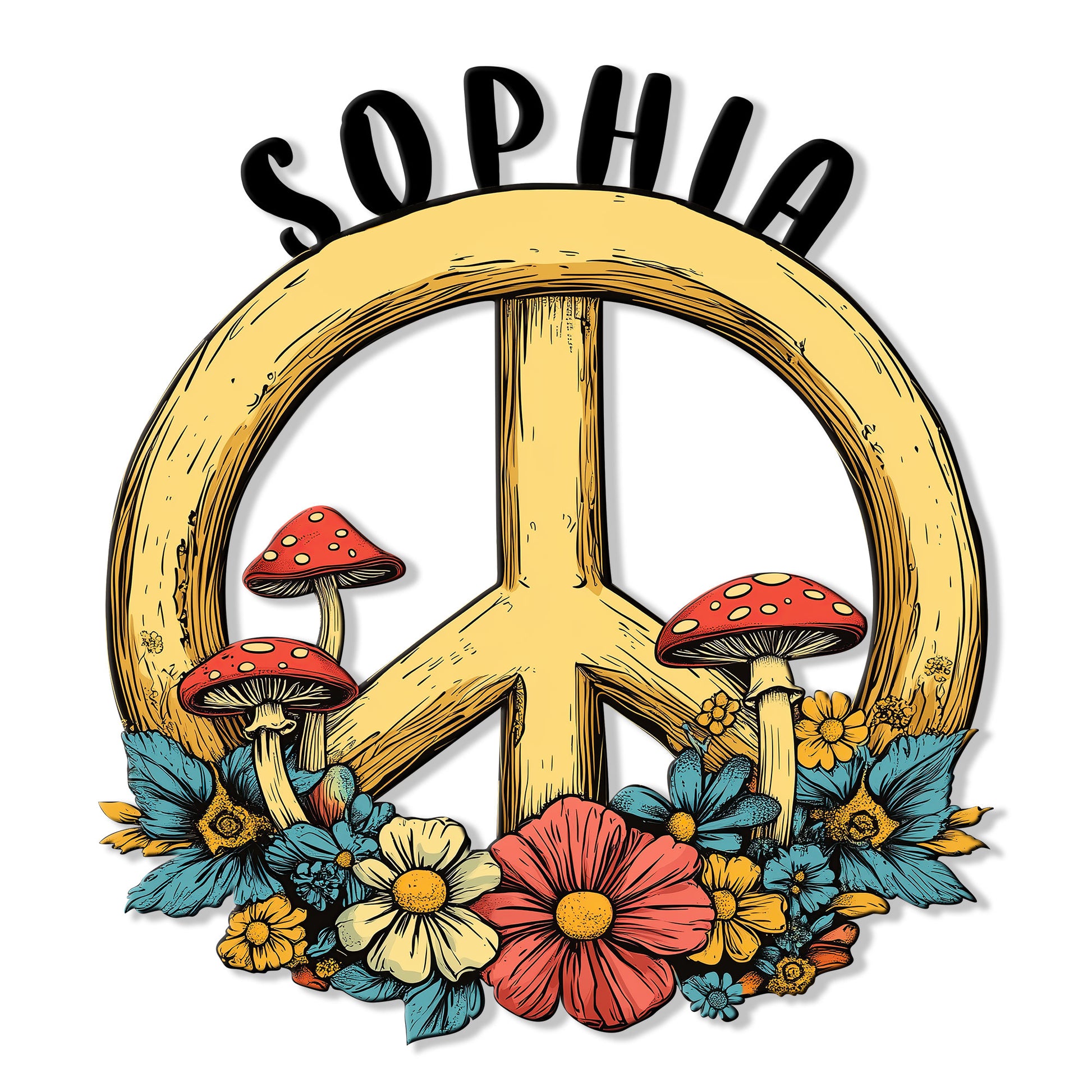 Hippie peace sign metal wall decor surrounded by colorful mushrooms and retro-style flowers