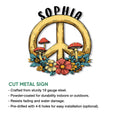 Feature graphic showing the hippie peace sign mushroom metal sign with product highlights and size options