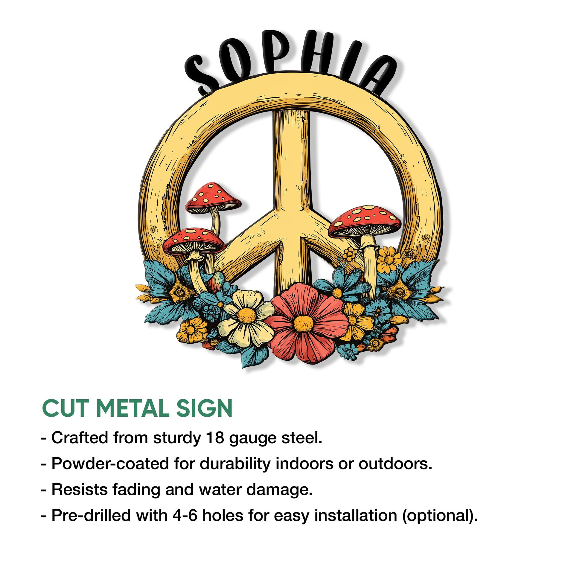 Feature graphic showing the hippie peace sign mushroom metal sign with product highlights and size options