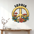Hippie peace symbol metal sign displayed on a light wood-paneled wall above a console table