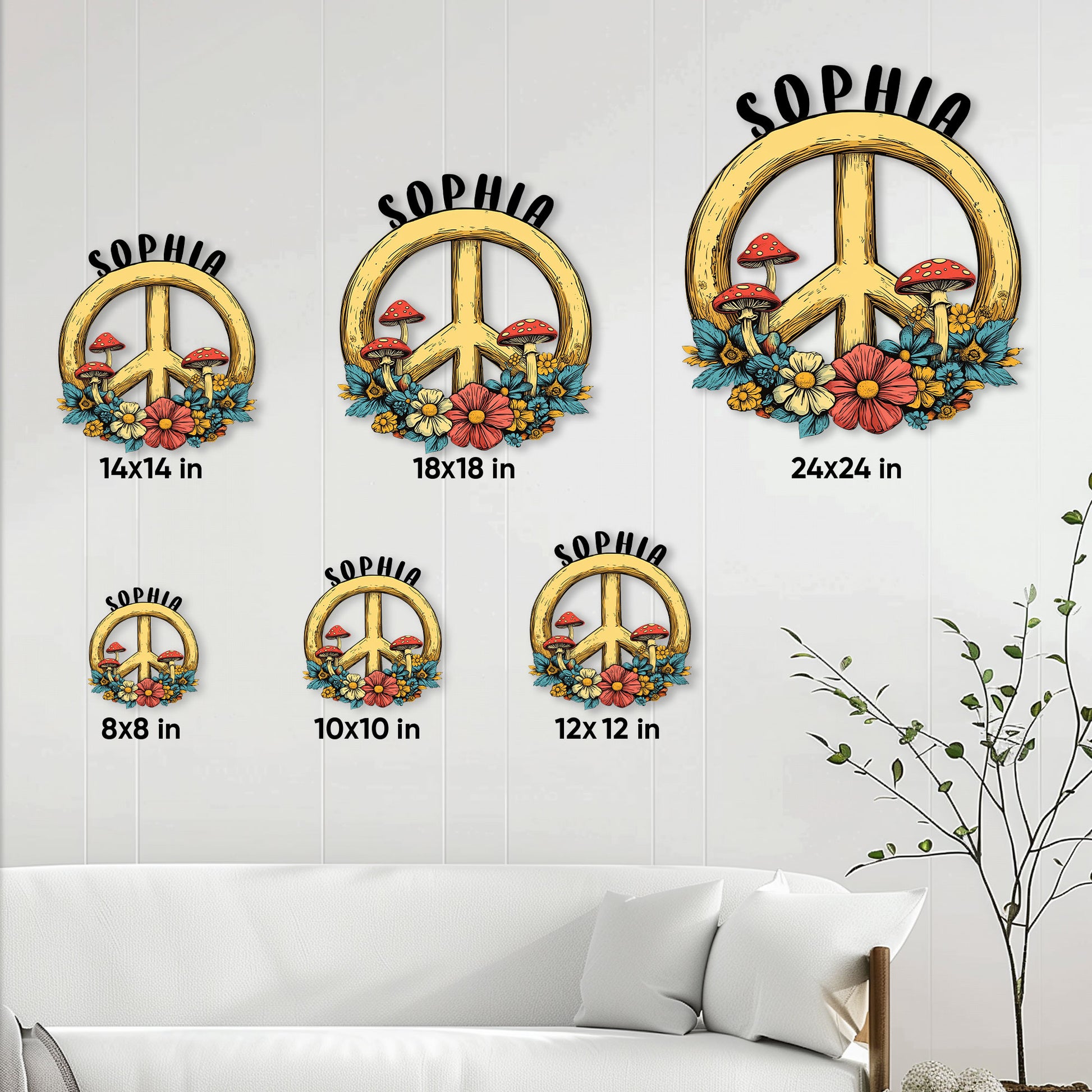 Hippie peace sign metal wall art shown in multiple size options from 8 by 8 to 24 by 24 inches