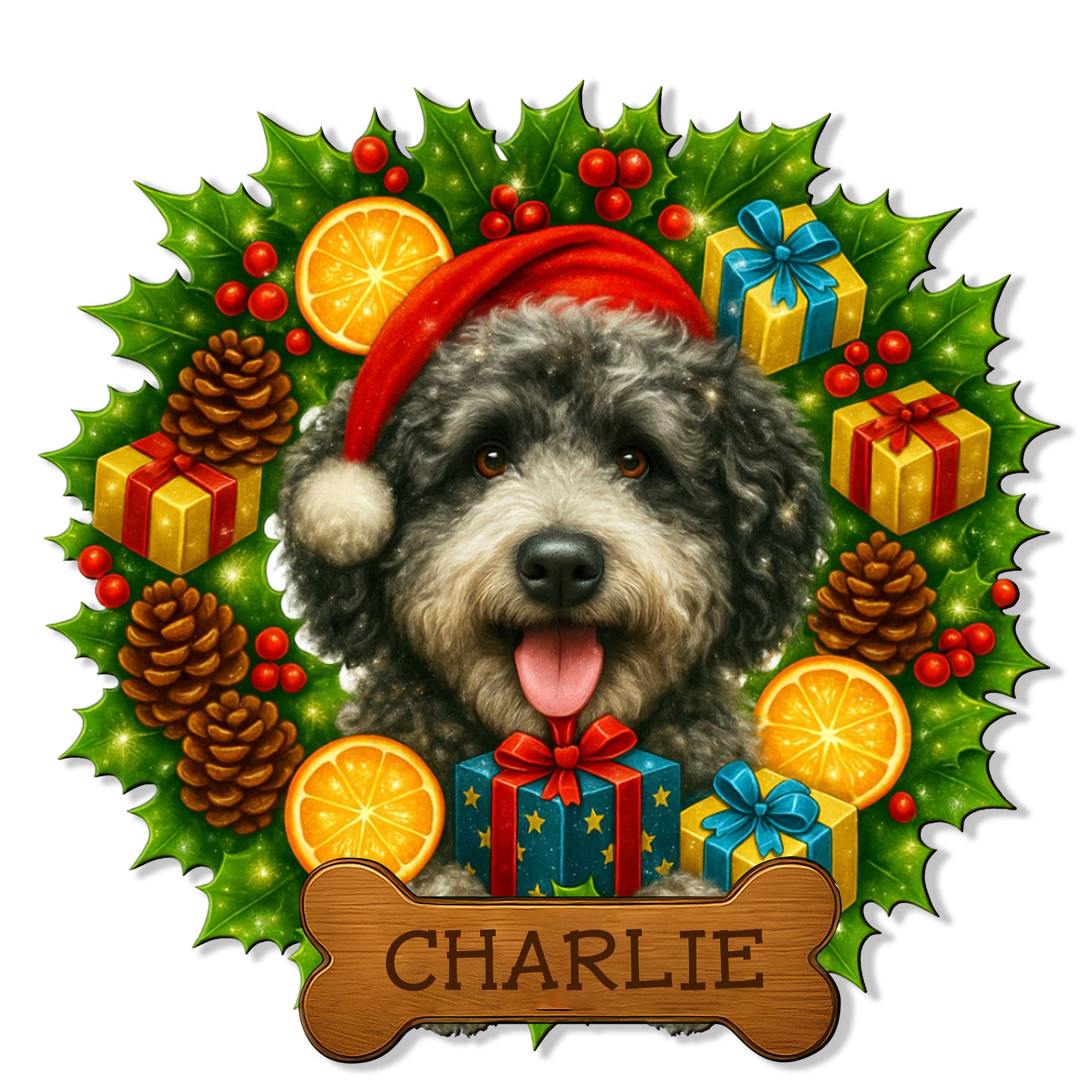 Custom Aussiedoodle metal sign featuring a cheerful curly-haired dog in a Santa hat surrounded by gifts and holly