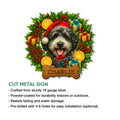 Aussiedoodle Christmas metal sign shown with cut-metal sign features and indoor or outdoor display information