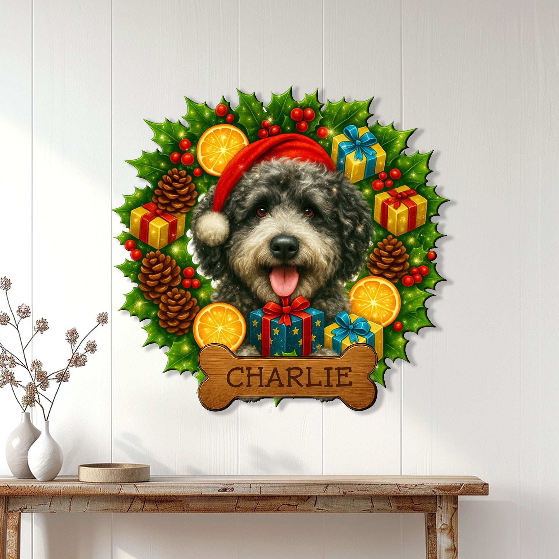 Aussiedoodle holiday metal sign displayed on a white paneled wall above a console table
