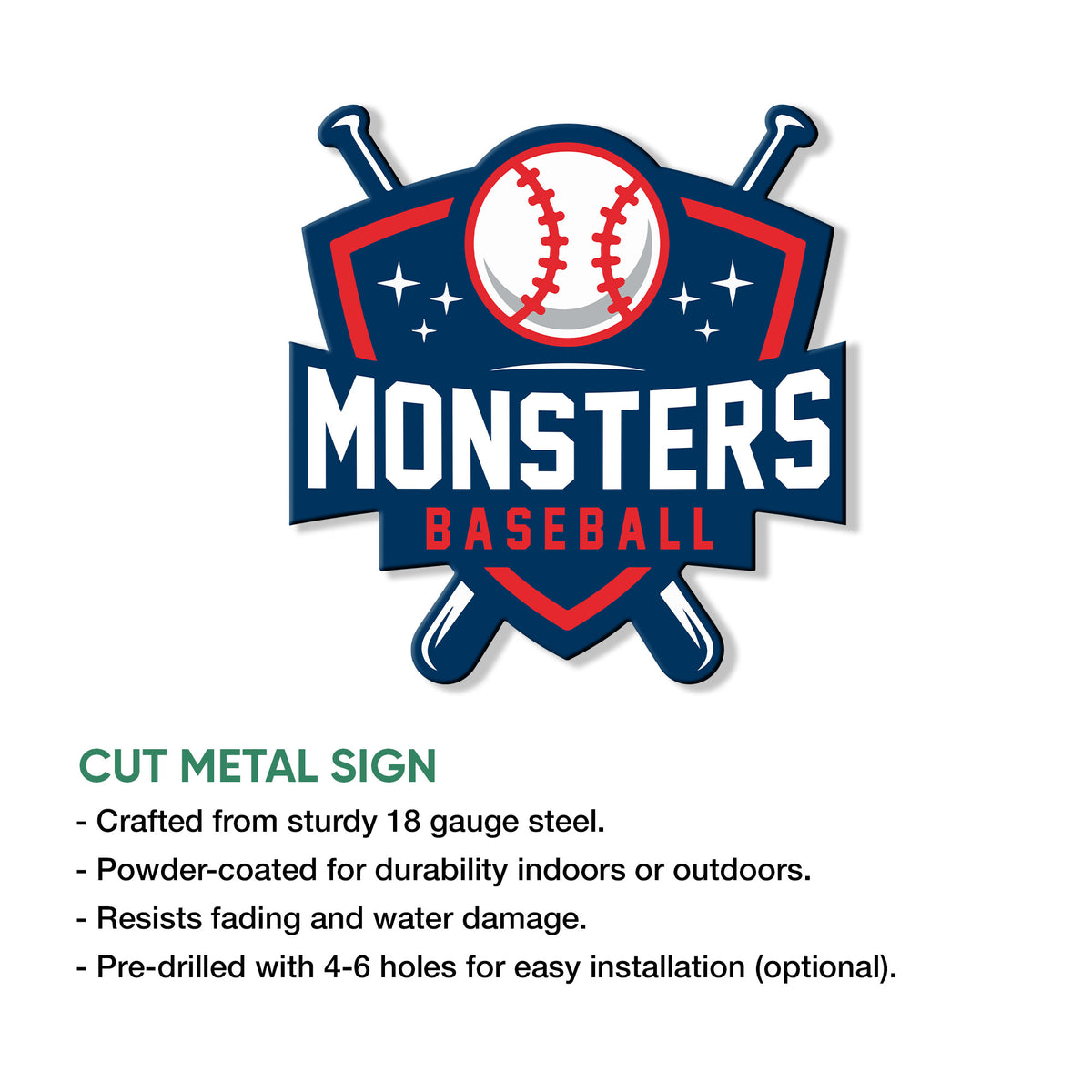 Cut metal baseball sign with crossed bats, a central baseball, and bold red and navy sports graphics