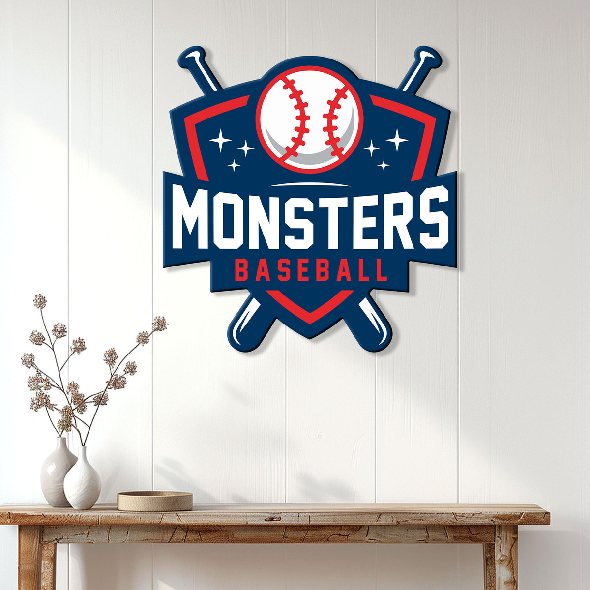 Baseball metal wall sign displayed on a light wood-paneled wall above a console table