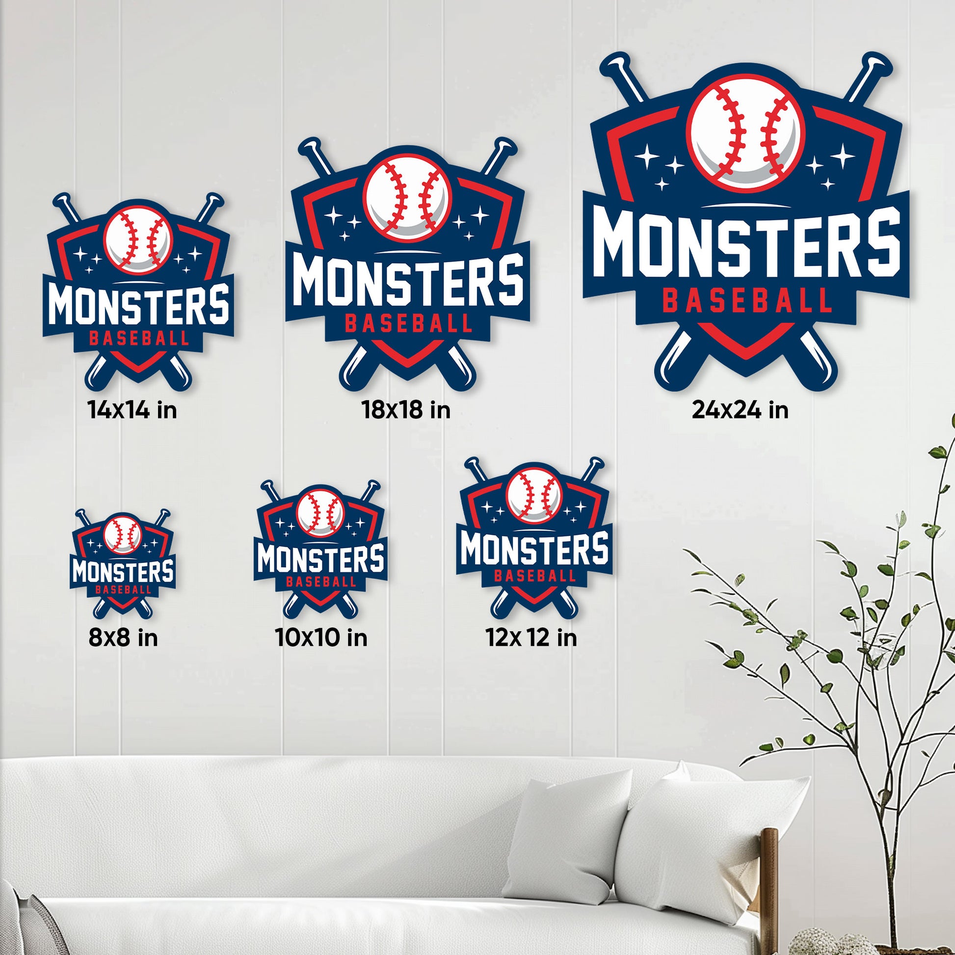 Baseball metal sign size guide showing available sizes from 8 by 8 inches to 24 by 24 inches