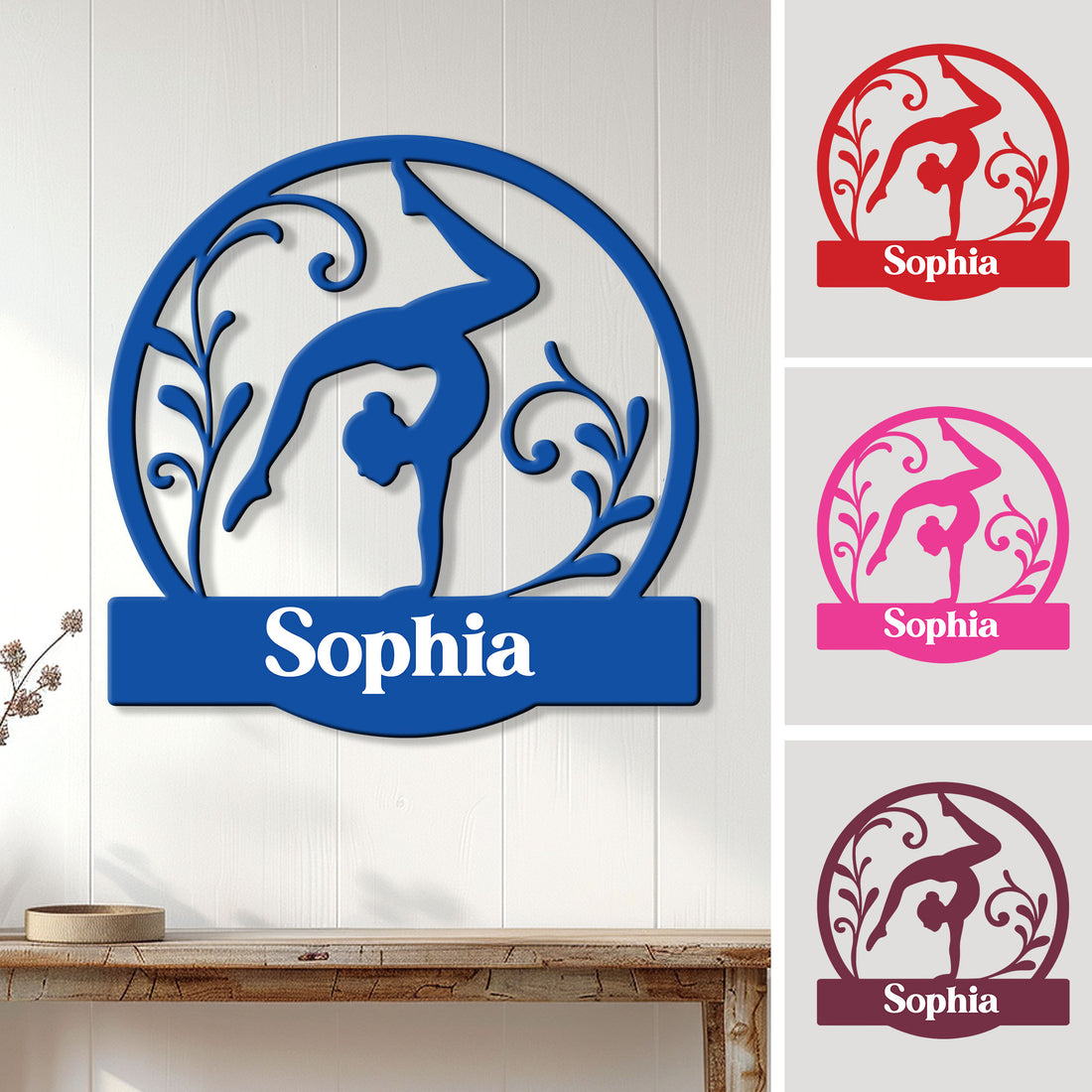 Blue gymnast silhouette metal sign displayed on a wall, framed by decorative vines and a circular border