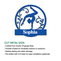 Blue artistic gymnastics metal sign shown with a gymnast silhouette and ornamental circular design