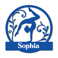 Close-up of a gymnast performing a split leap in a bold blue circular metal sign design