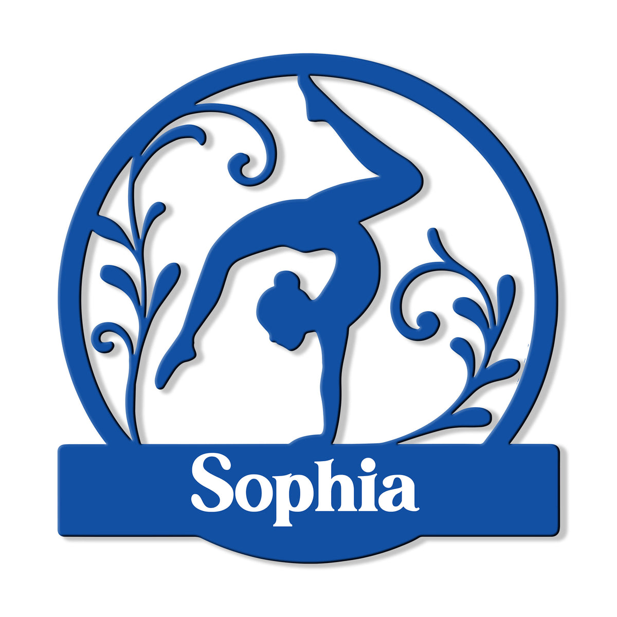 Close-up of a gymnast performing a split leap in a bold blue circular metal sign design