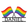 Pride rainbow metal sign with crossed waving flags and bold black silhouette design