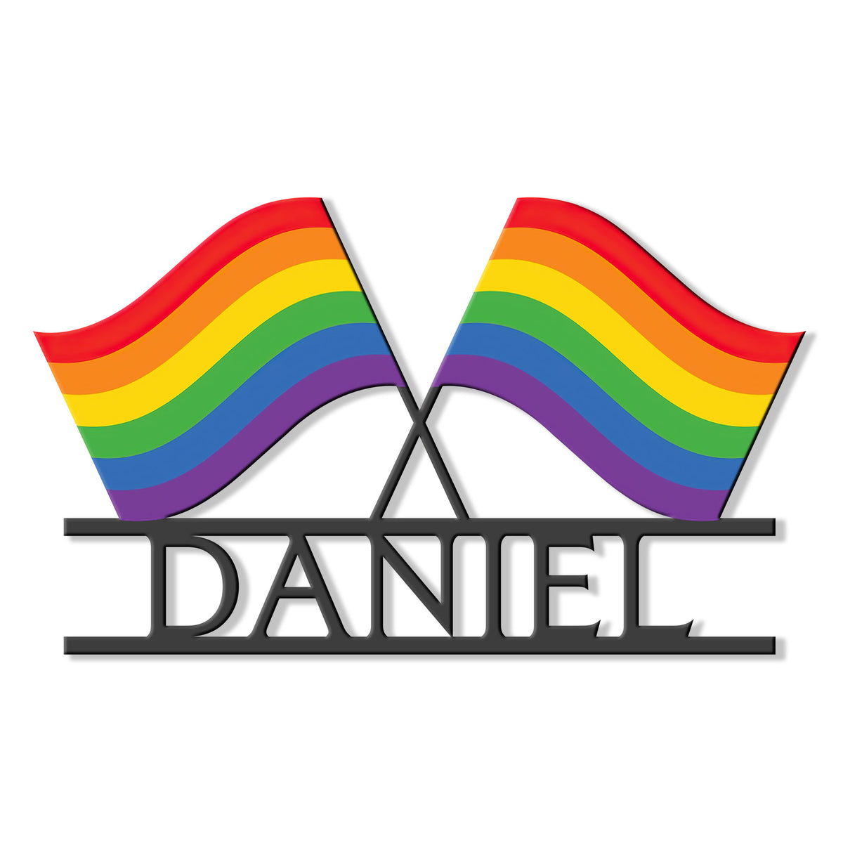 Pride rainbow metal sign with crossed waving flags and bold black silhouette design