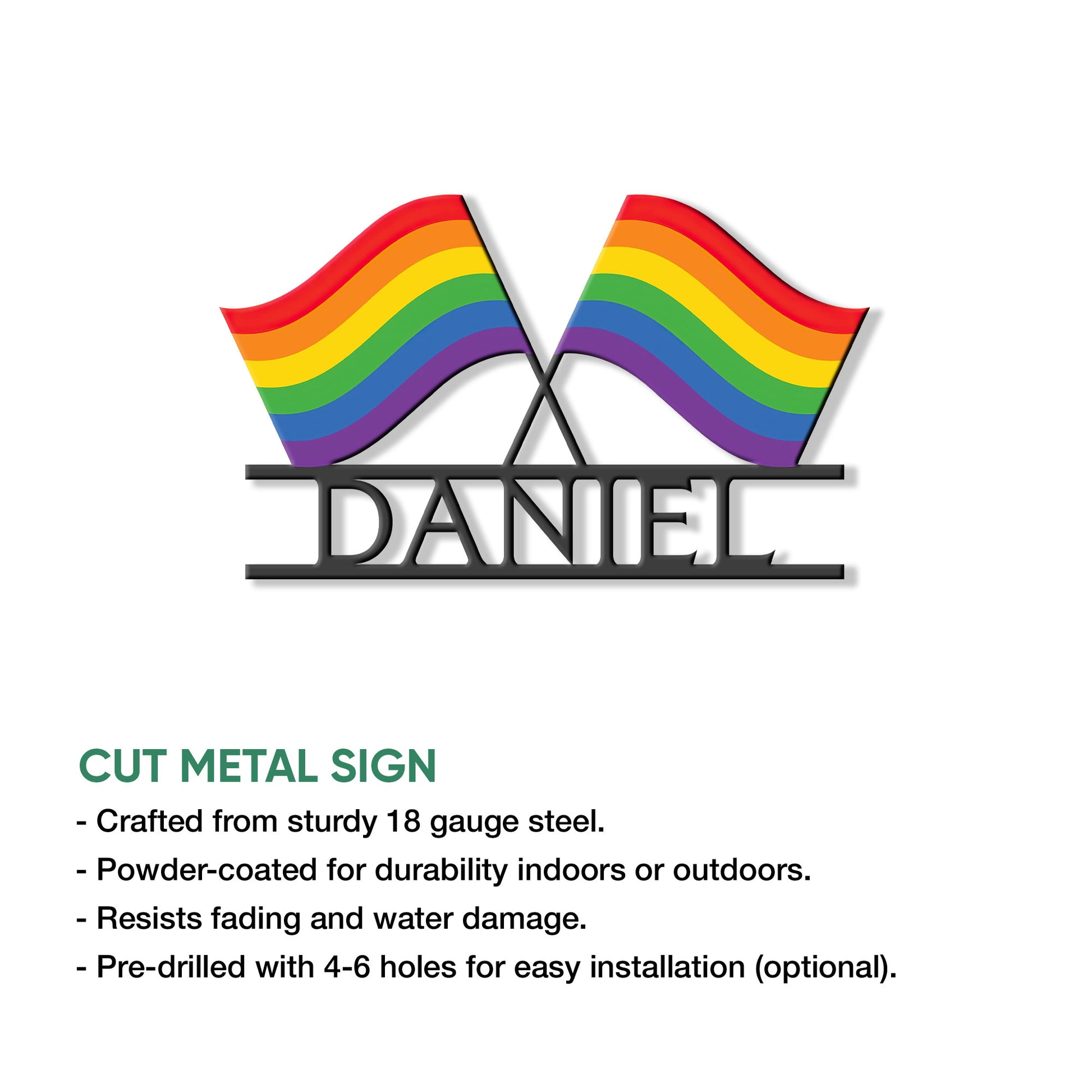 LGBTQ pride rainbow metal sign shown as a cut metal wall decor design