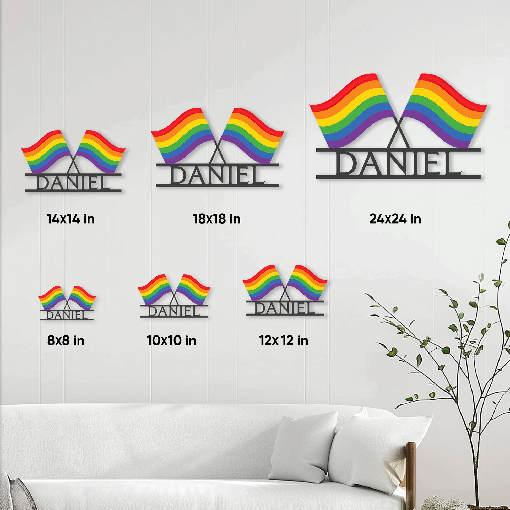 Pride rainbow metal sign shown in multiple size options on a living room wall