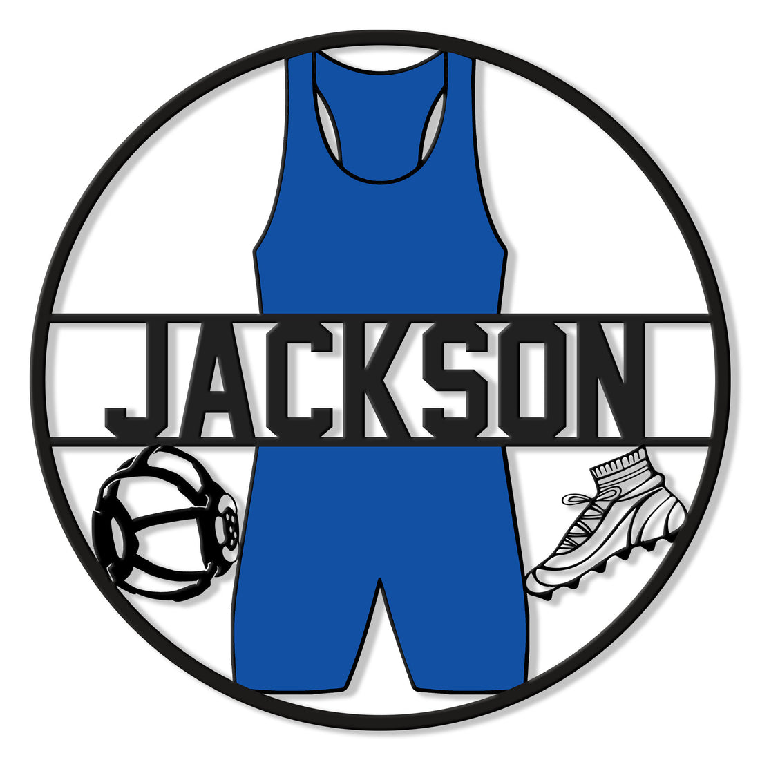 Round wrestling metal sign featuring a blue singlet, headgear, and wrestling shoe