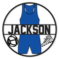 Round wrestling metal sign featuring a blue singlet, headgear, and wrestling shoe