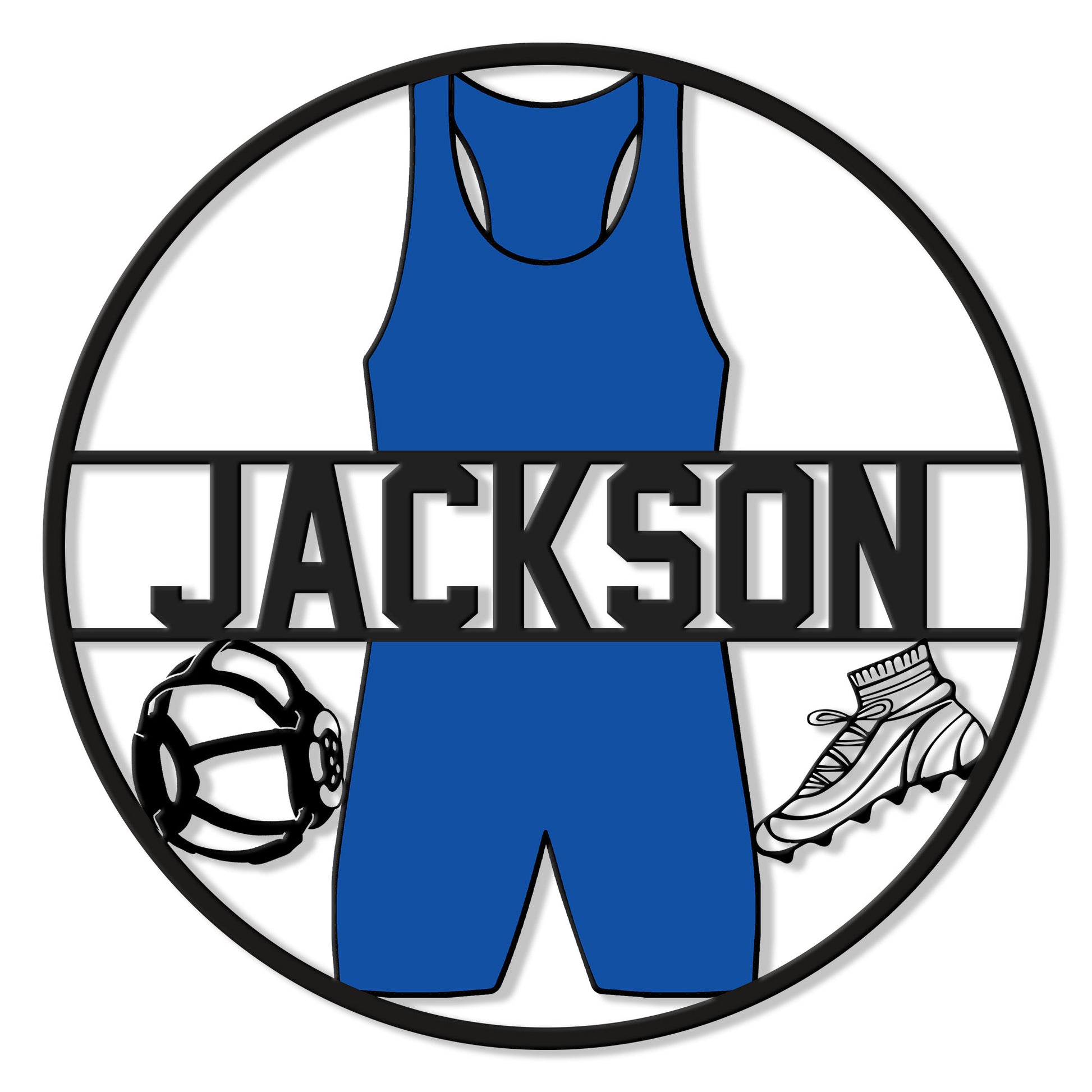 Round wrestling metal sign featuring a blue singlet, headgear, and wrestling shoe