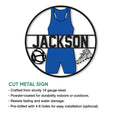 Wrestling metal sign product presentation with a circular singlet, headgear, and wrestling shoe design