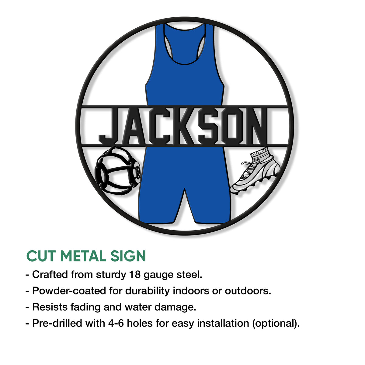 Wrestling metal sign product presentation with a circular singlet, headgear, and wrestling shoe design