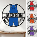 Wrestling wall sign displayed in a home setting with color options shown beside the blue design