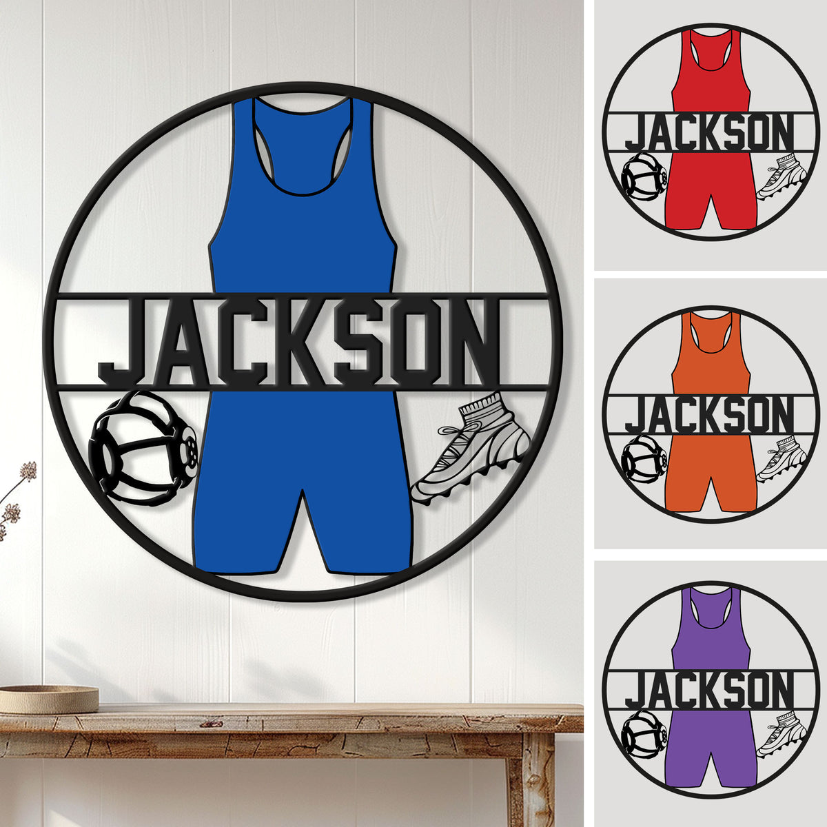 Wrestling wall sign displayed in a home setting with color options shown beside the blue design