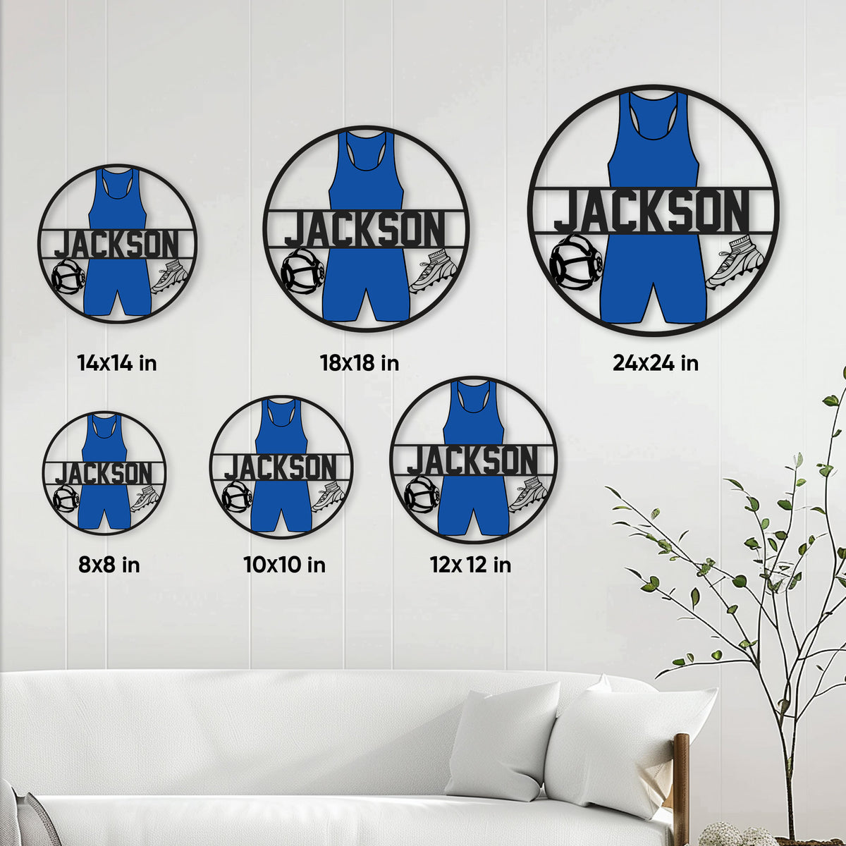 Wrestling metal sign size guide showing round designs in six available dimensions