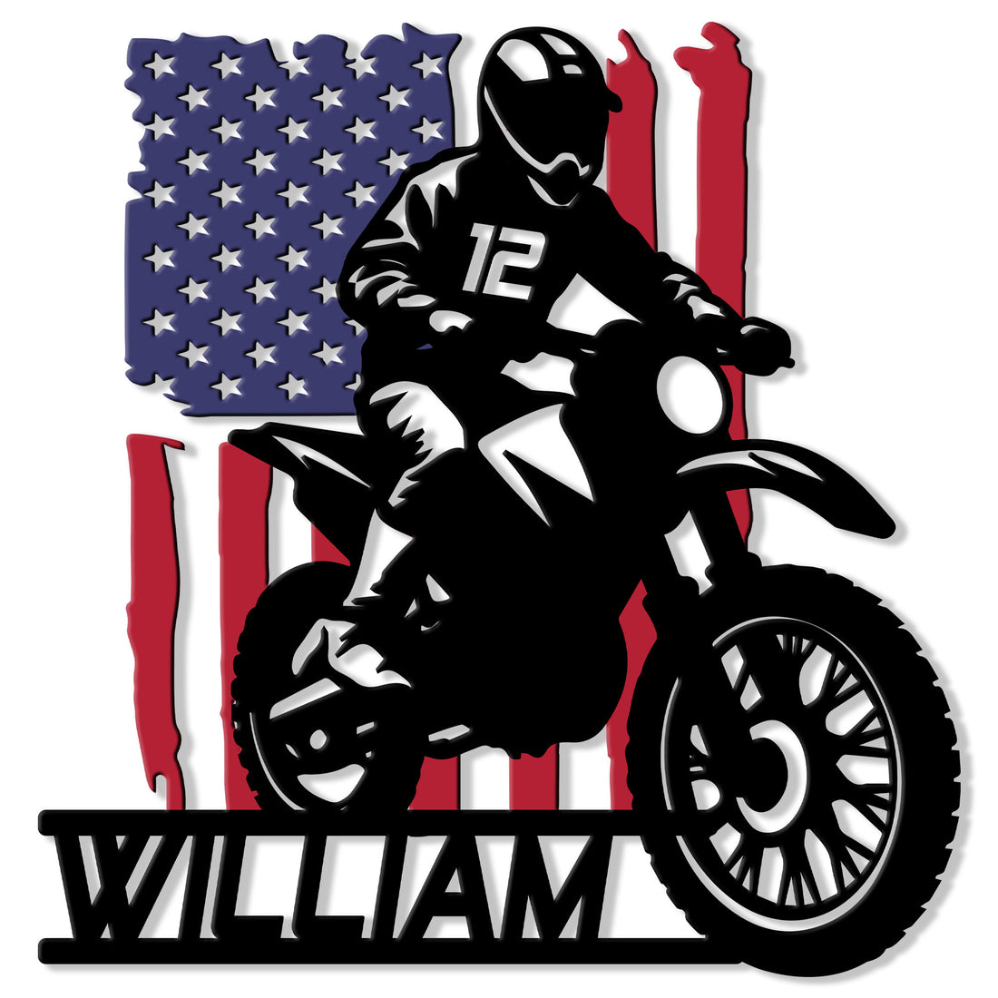 Custom motocross metal sign featuring a helmeted dirt bike rider in front of an American flag