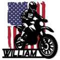 Custom motocross metal sign featuring a helmeted dirt bike rider in front of an American flag