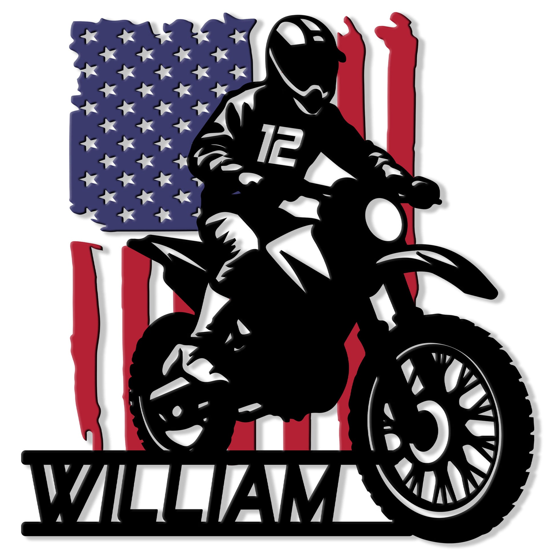 Custom motocross metal sign featuring a helmeted dirt bike rider in front of an American flag